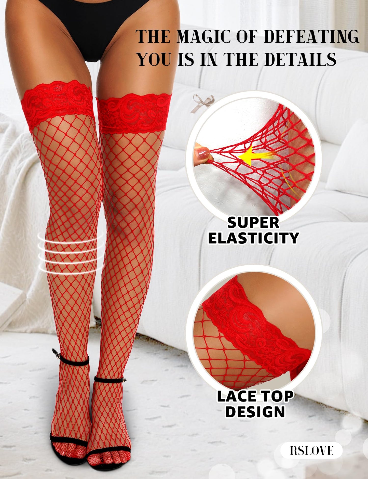 Lace Top Fishnet Thigh-High Stockings with Antiskid Silicone Sexy Stay Up Tights Pantyhose