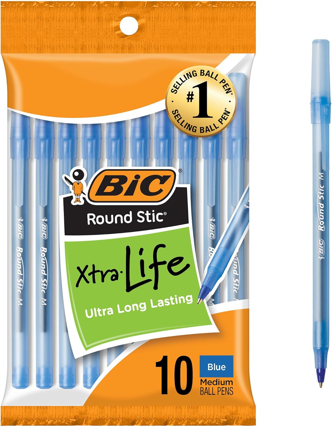 BIC Round Stic Xtra Life Black Ballpoint Pens, Medium Point (1.0mm), 10-Count Pack of Bulk Pens, Flexible Round Barrel for Writing Comfort, No. 1 Selling Ballpoint Pens
