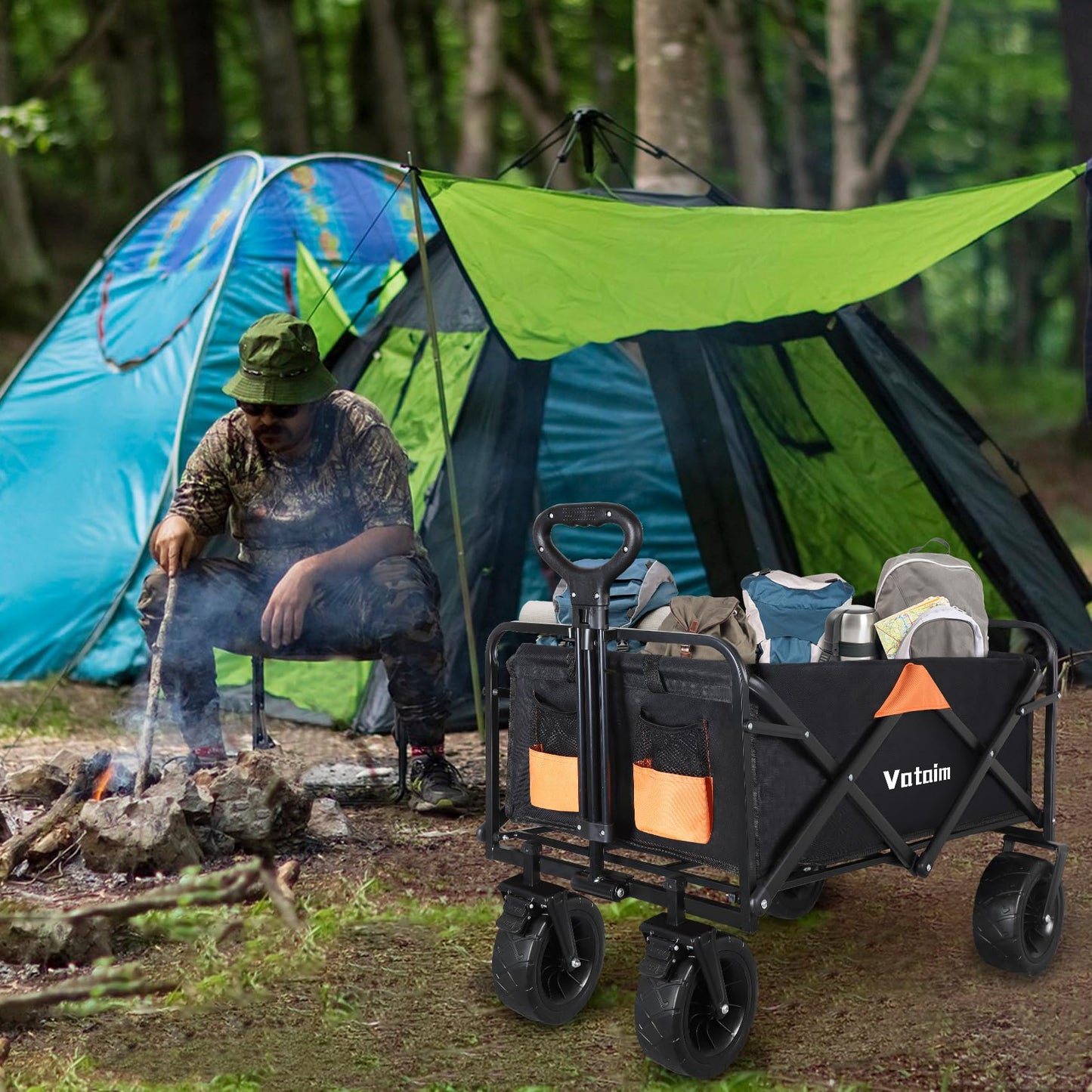 Foldable Wagon Cart, 330lbs Collapsible with Detachable All-Terrain Wheels Cup Holders