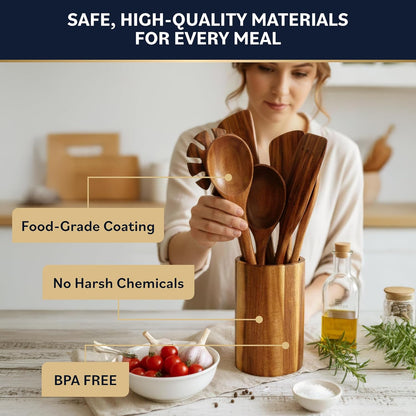 Wooden Utensil Set – Natural Teak Wooden Kitchen Utensils Set with Sturdy, Easy-to-Clean Wooden Spoons for Cooking – Non-Scratch Teak Cooking Utensils (11 pcs)
