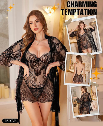 Lingerie Sets for Women Sexy - 3 Piece Babydoll Lace Kimono Robe Chemise Nightwear Exotic Sleepwear Mesh Nightgown