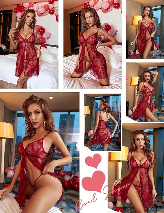 Sexy Lingerie Open Front Lace Babydoll Dress V Neck Chemise Negligee Honeymoon