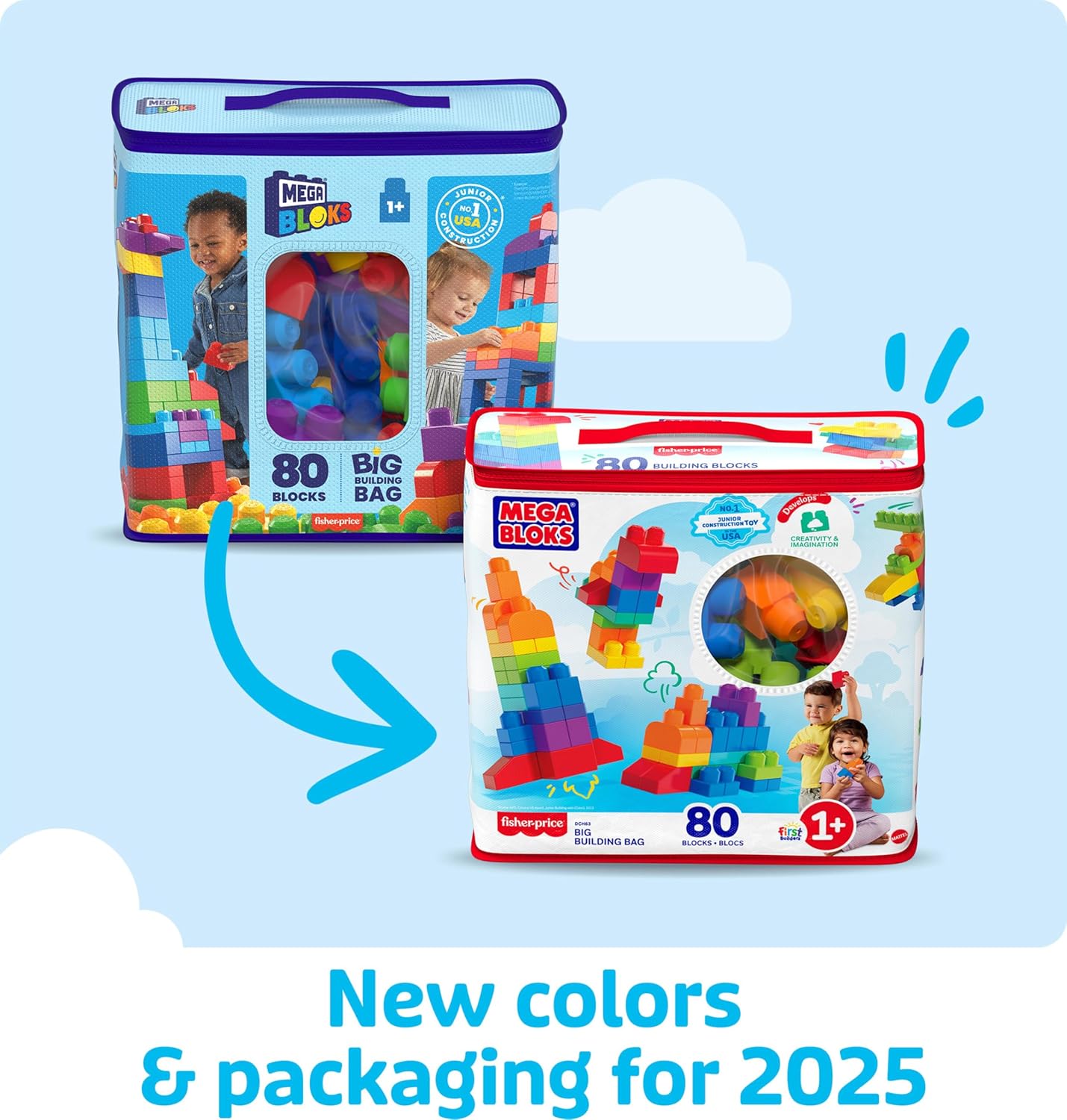 Bloks First Builders Toddler Blocks Toys Set, Big Building Bag with 80 Pieces and Storage, Ages 1+ Years