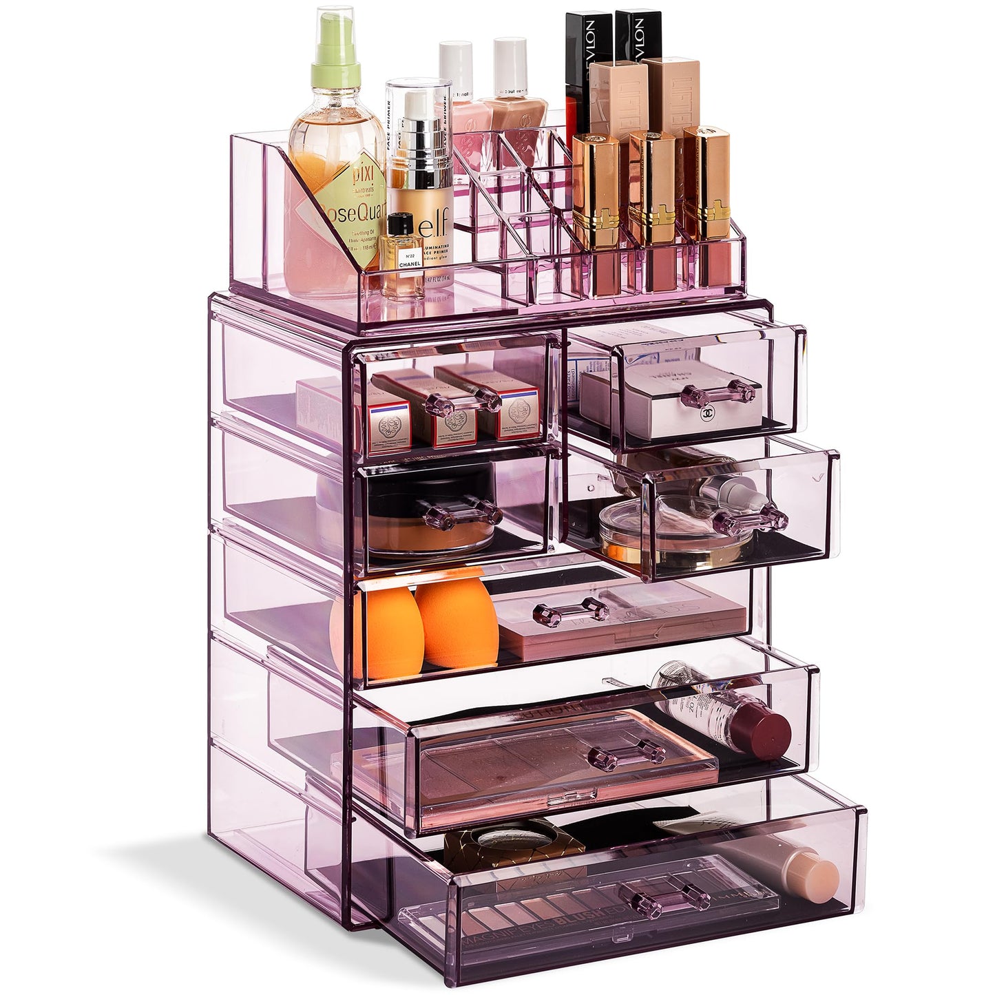 Acrylic Makeup Organizer Set, 7-Drawer Vanity & Countertop Cosmetic Storage with Small & Wide Compartments, Clear Makeup Storage for Brushes, Lipsticks, Jewelry