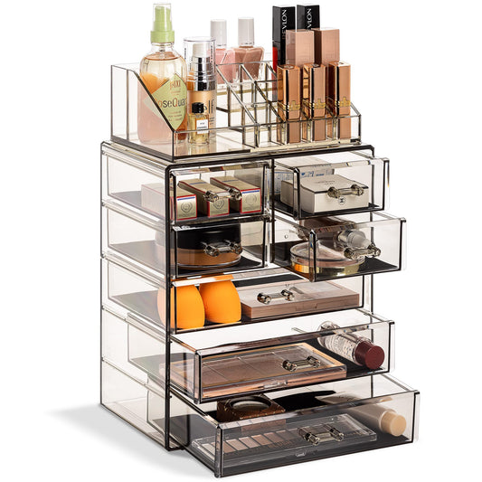 Acrylic Makeup Organizer Set, 7-Drawer Vanity & Countertop Cosmetic Storage with Small & Wide Compartments, Clear Makeup Storage for Brushes, Lipsticks, Jewelry