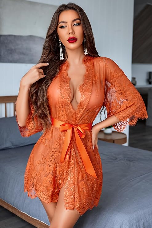 Lace Kimono Robe Babydoll Lingerie Mesh Nightgown S-5XL