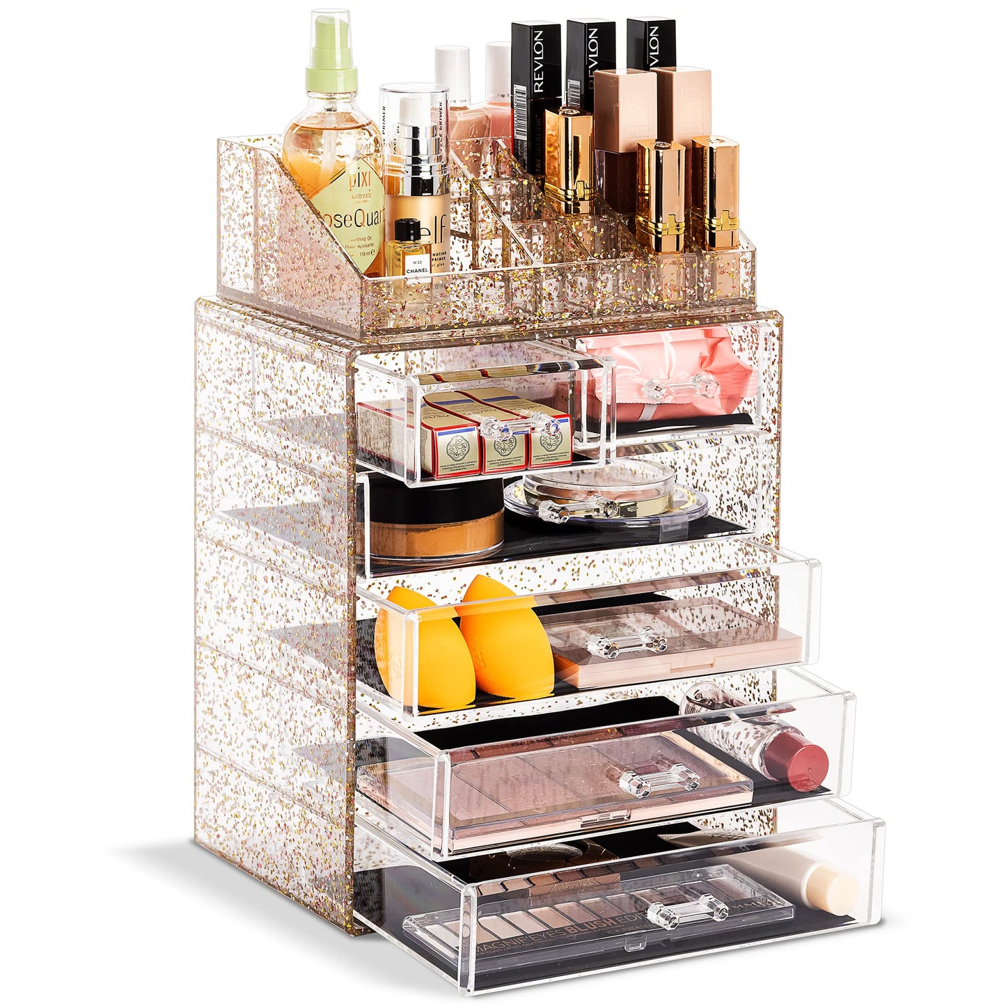 Acrylic Makeup Organizer Set, 7-Drawer Vanity & Countertop Cosmetic Storage with Small & Wide Compartments, Clear Makeup Storage for Brushes, Lipsticks, Jewelry