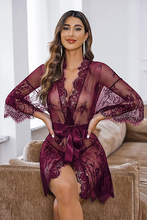 Lace Kimono Robe Babydoll Lingerie Mesh Nightgown S-5XL