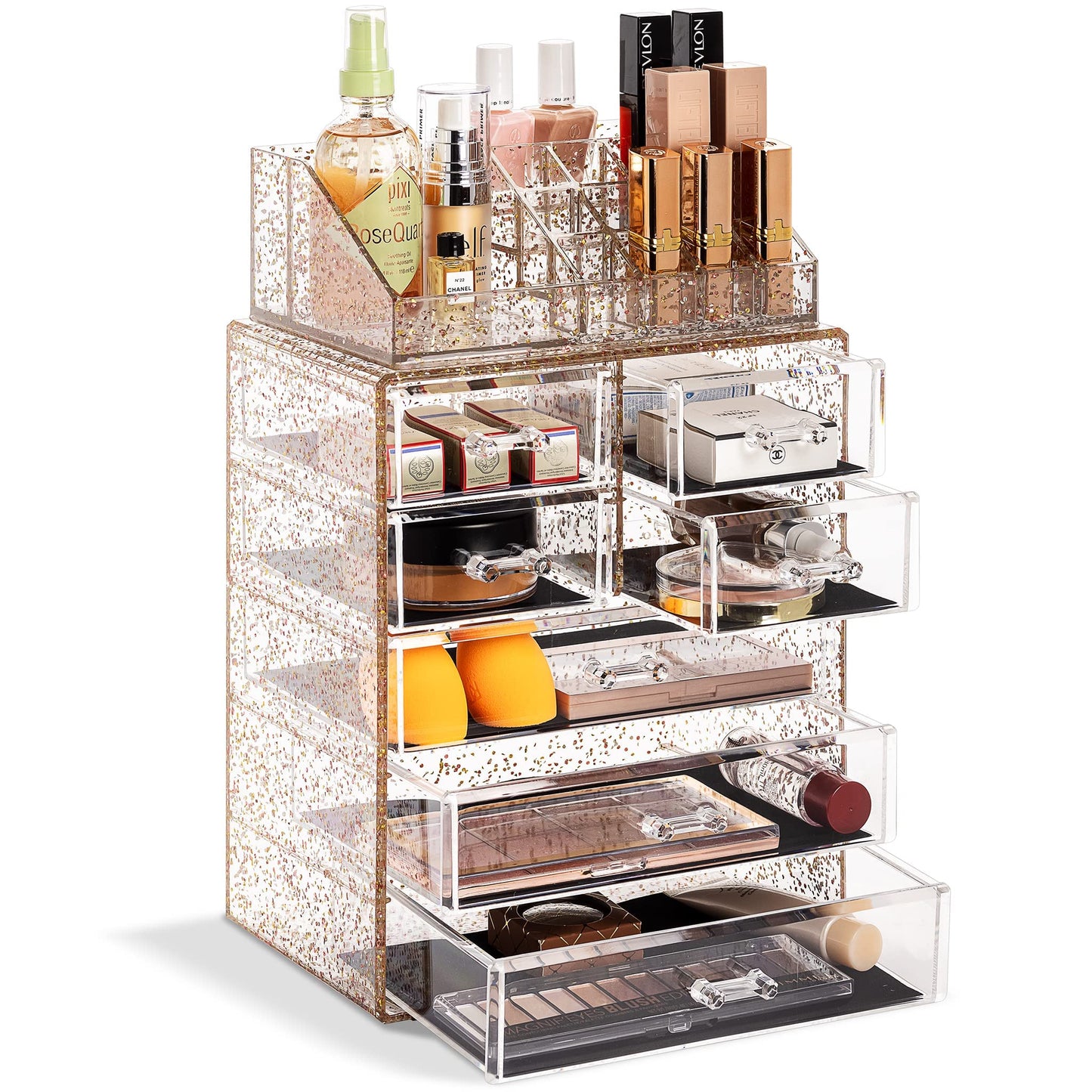 Acrylic Makeup Organizer Set, 7-Drawer Vanity & Countertop Cosmetic Storage with Small & Wide Compartments, Clear Makeup Storage for Brushes, Lipsticks, Jewelry