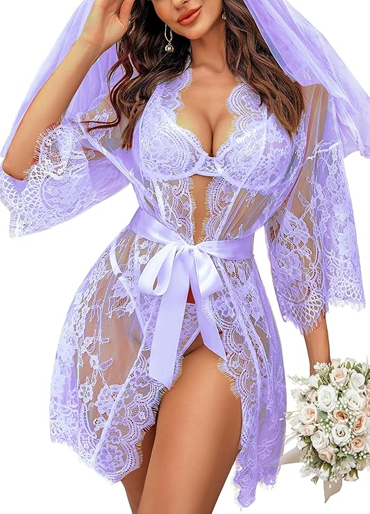 Lace Kimono Robe Babydoll Lingerie Mesh Nightgown S-5XL