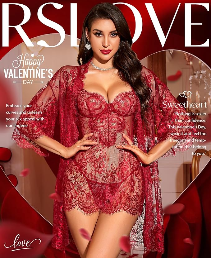Lingerie Sets for Women Sexy - 3 Piece Babydoll Lace Kimono Robe Chemise Nightwear Exotic Sleepwear Mesh Nightgown