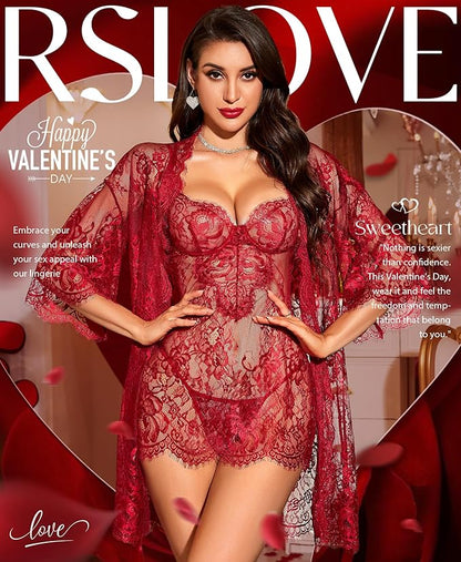 Lingerie Sets for Women Sexy - 3 Piece Babydoll Lace Kimono Robe Chemise Nightwear Exotic Sleepwear Mesh Nightgown