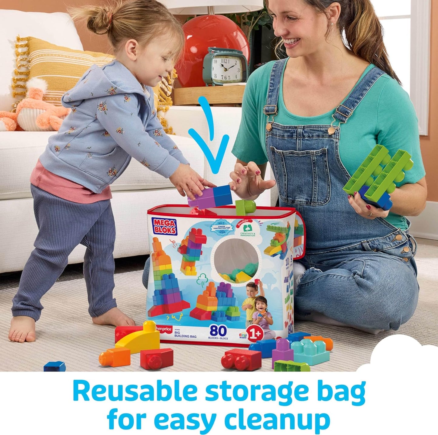 Bloks First Builders Toddler Blocks Toys Set, Big Building Bag with 80 Pieces and Storage, Ages 1+ Years