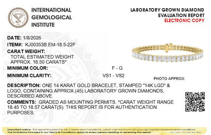 IGI Certified 14K Yellow Gold 18 1/2 Cttw Emerald Cut Lab Grown Diamond Tennis Bracelet
