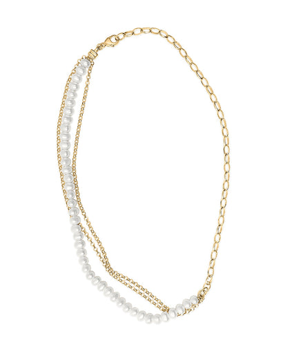 18K Yellow Gold Vermeil Cultured Pearl Strand Necklace with Rolo and Paperclip Chain