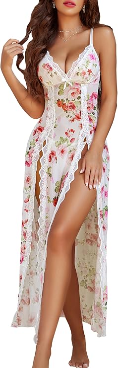 Lingerie Lace Babydoll Chemise Sexy Mesh Nightdress V Neck Nightwear Side Split Nightgown