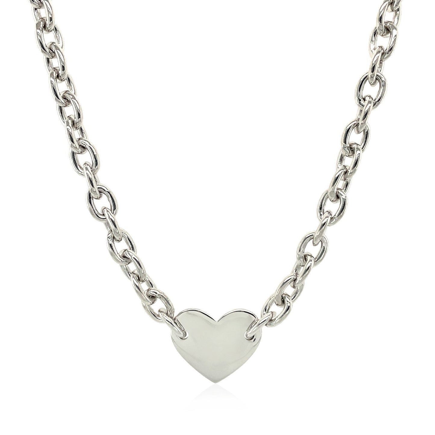 Sterling Silver Rhodium Plated Chain  necklace  with a Flat Heart Motif Station