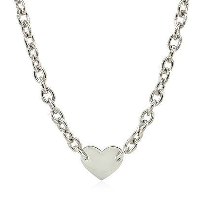 Sterling Silver Rhodium Plated Chain  necklace  with a Flat Heart Motif Station