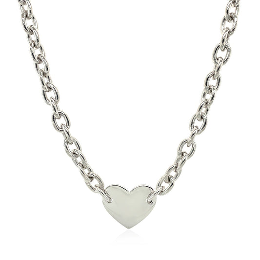Sterling Silver Rhodium Plated Chain  necklace  with a Flat Heart Motif Station