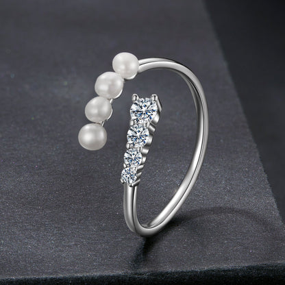 925 Sterling Silver Moissanite & Freshwater Pearl Ring, White Gold Plated, Size E for Women