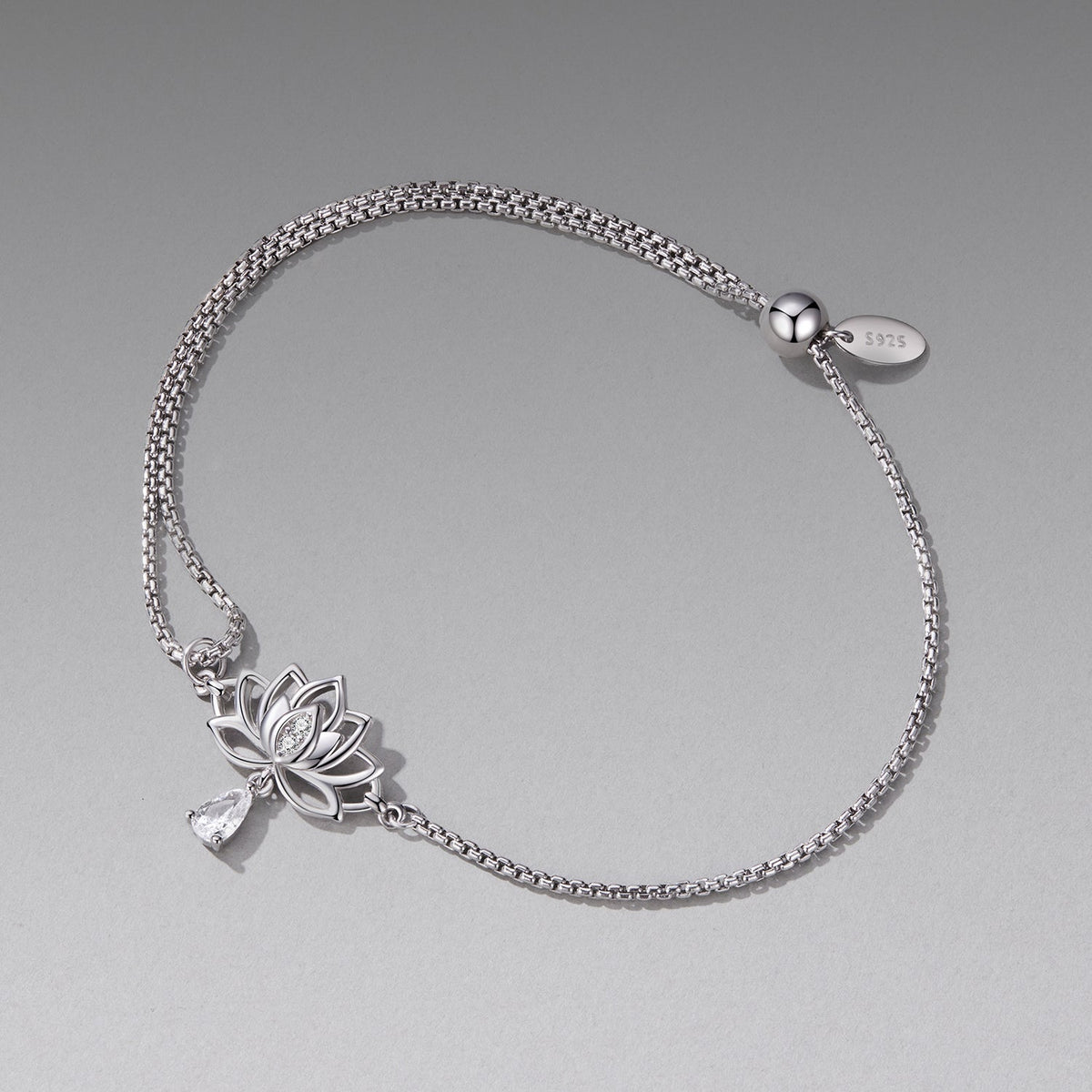 925 Sterling Silver Adjustable Chain Bracelet with White Gold Plating and CZ for Women