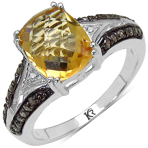 2.82 Carat Genuine Citrine, Champagne Diamond & White Diamond .925 Sterling Silver Ring