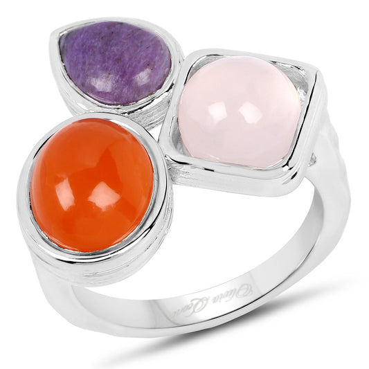 5.21 Carat Genuine Rose Quartz, Carnelian And Charolite .925 Sterling Silver Ring