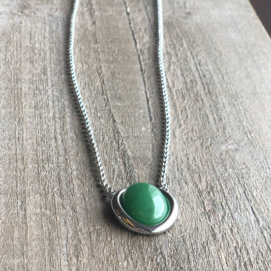 Nephrite Jade Cabochon Stainless Steel Pendant Necklace