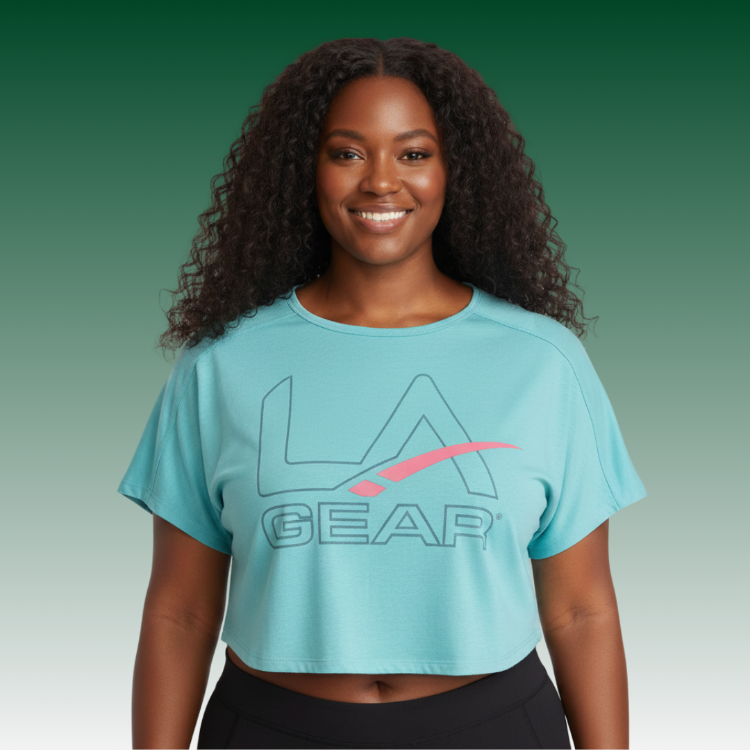 LA Gear Women’s Cropped Tee | Light Aqua with Slate x Pink Logo