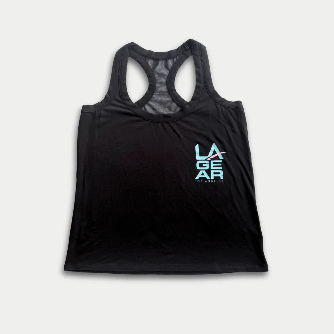 LA Gear Women’s Racerback Tank | Black with Aqua x Pink Logo