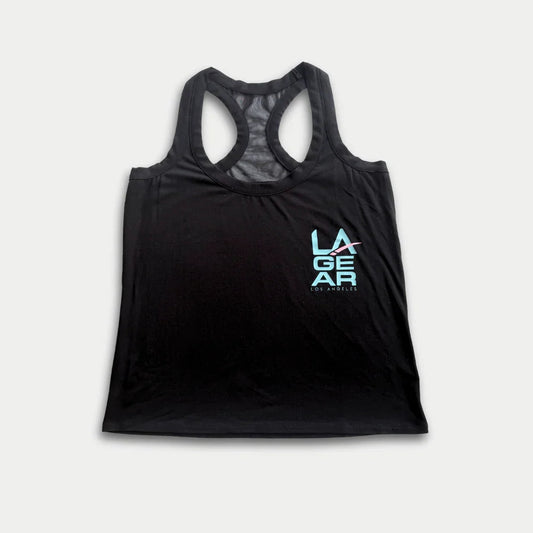 LA Gear Women’s Racerback Tank | Black with Aqua x Pink Logo