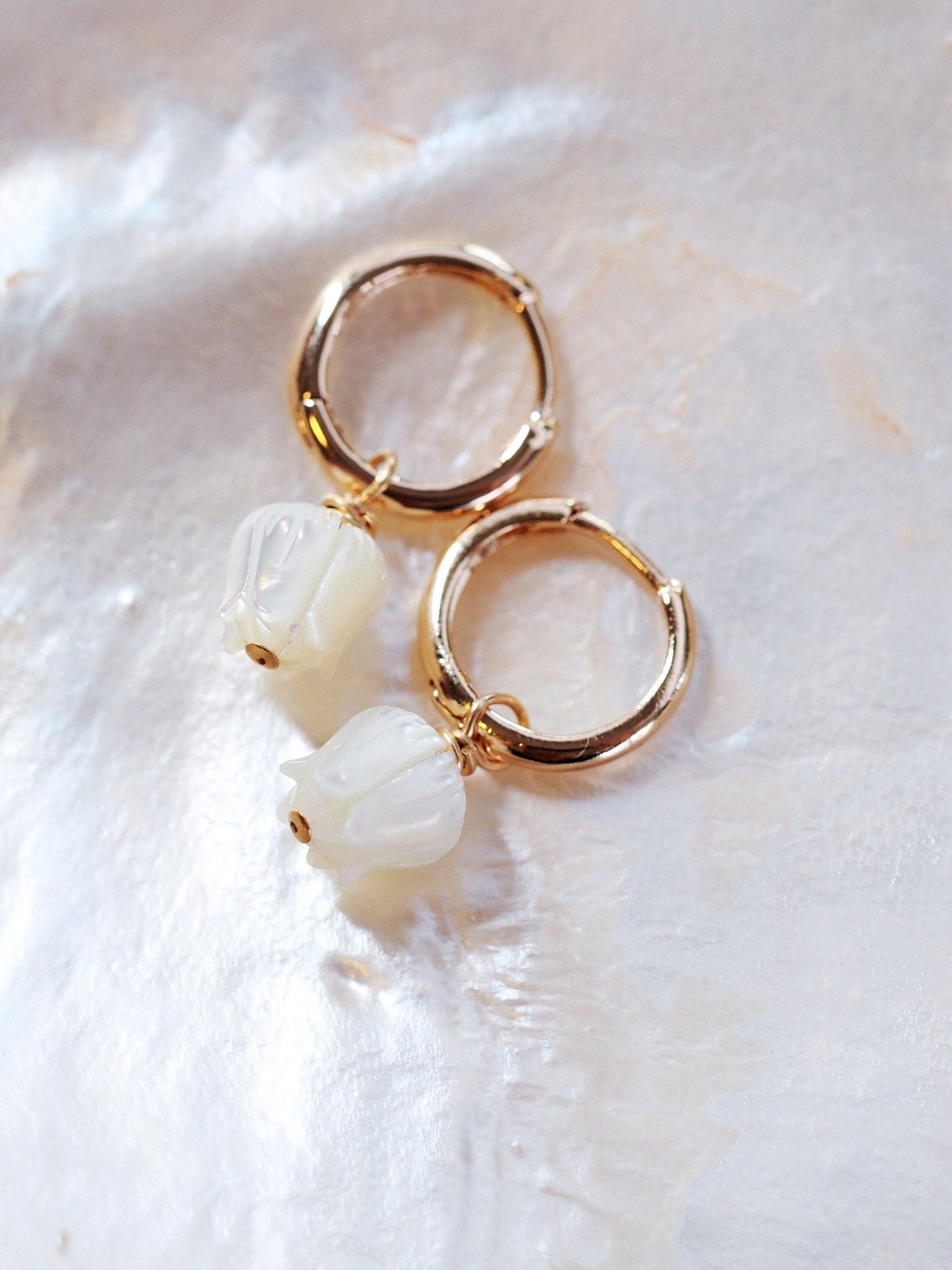 Mother of Pearl and Gold Flower Lei Charm Huggie Hoop Earrings - Lei