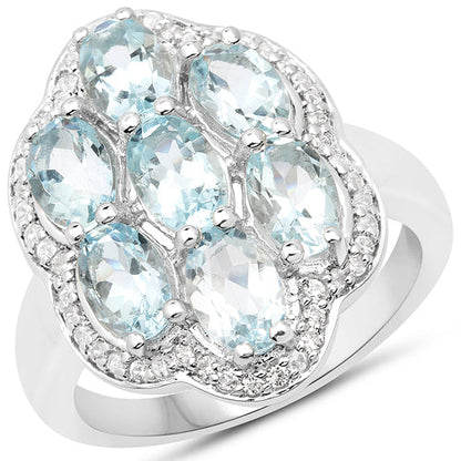 3.09 Carat Genuine Aquamarine and White Zircon .925 Sterling Silver Ring