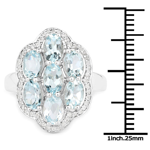 3.09 Carat Genuine Aquamarine and White Zircon .925 Sterling Silver Ring