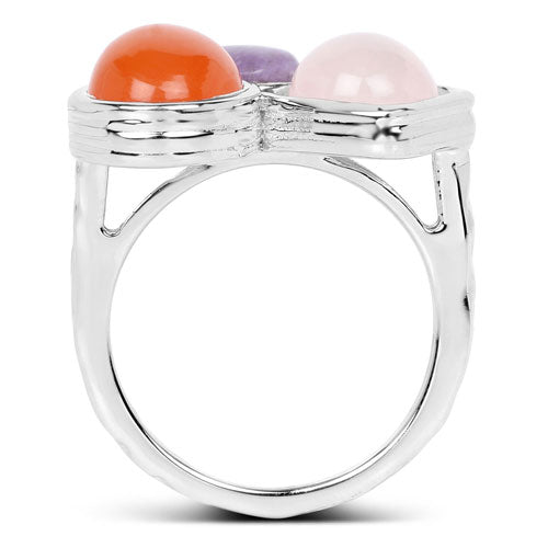 5.21 Carat Genuine Rose Quartz, Carnelian And Charolite .925 Sterling Silver Ring