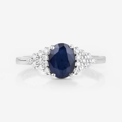 1.73 Carat Genuine Blue Sapphire and White Diamond 14K White Gold Ring