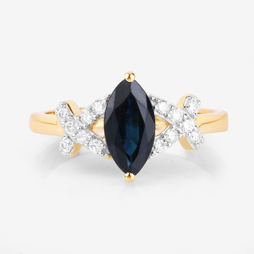 1.50 Carat Genuine Blue Sapphire and White Diamond 14K Yellow Gold Ring