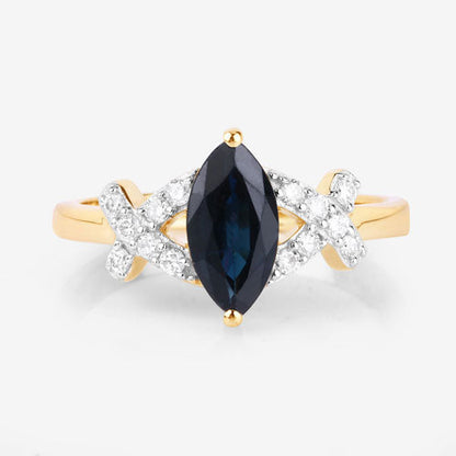 1.50 Carat Genuine Blue Sapphire and White Diamond 14K Yellow Gold Ring