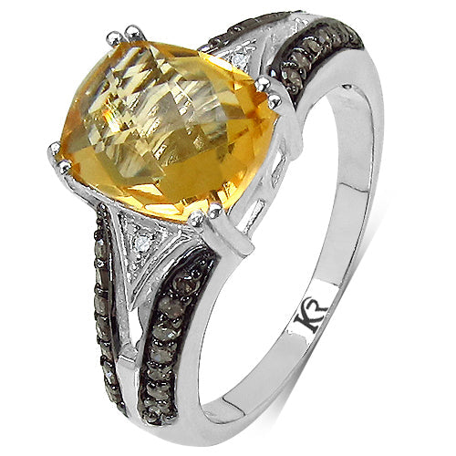 2.82 Carat Genuine Citrine, Champagne Diamond & White Diamond .925 Sterling Silver Ring
