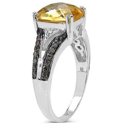 2.82 Carat Genuine Citrine, Champagne Diamond & White Diamond .925 Sterling Silver Ring