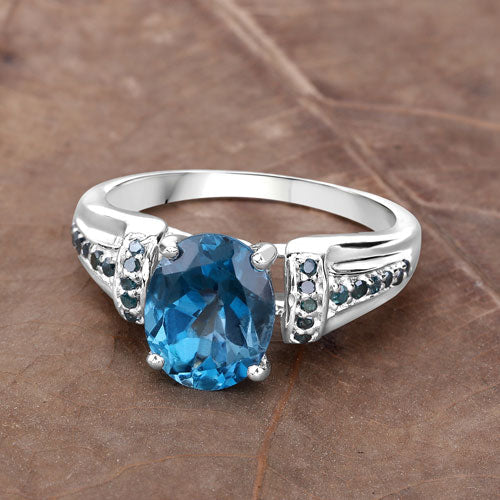 2.72 Carat Genuine London Blue Topaz and Blue Diamond .925 Sterling Silver Ring